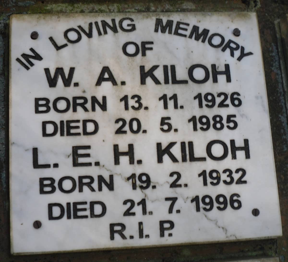 KILOH W.A. 1926-1985 &amp; L.E.H. 1932-1996
