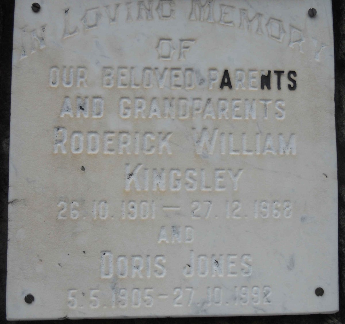KINGSLEY Roderick William 1901-1968 &amp; Doris JONES 1905-1992
