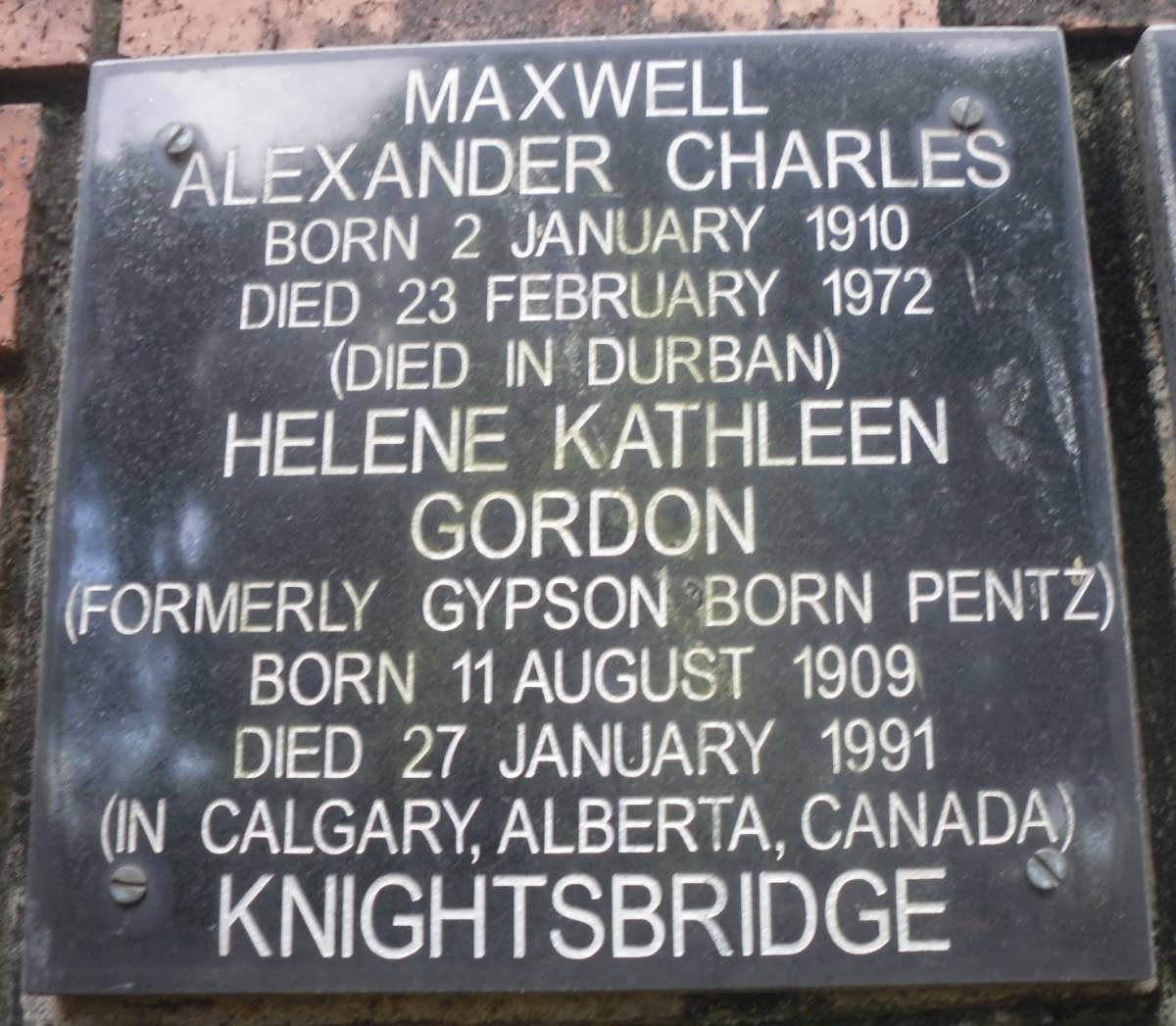 KNIGHTSBRIDGE Maxwell Alexander Charles 1910-1972 &amp; Helene Kathleen Gordon GYPSON nee PENTZ 1909-1991