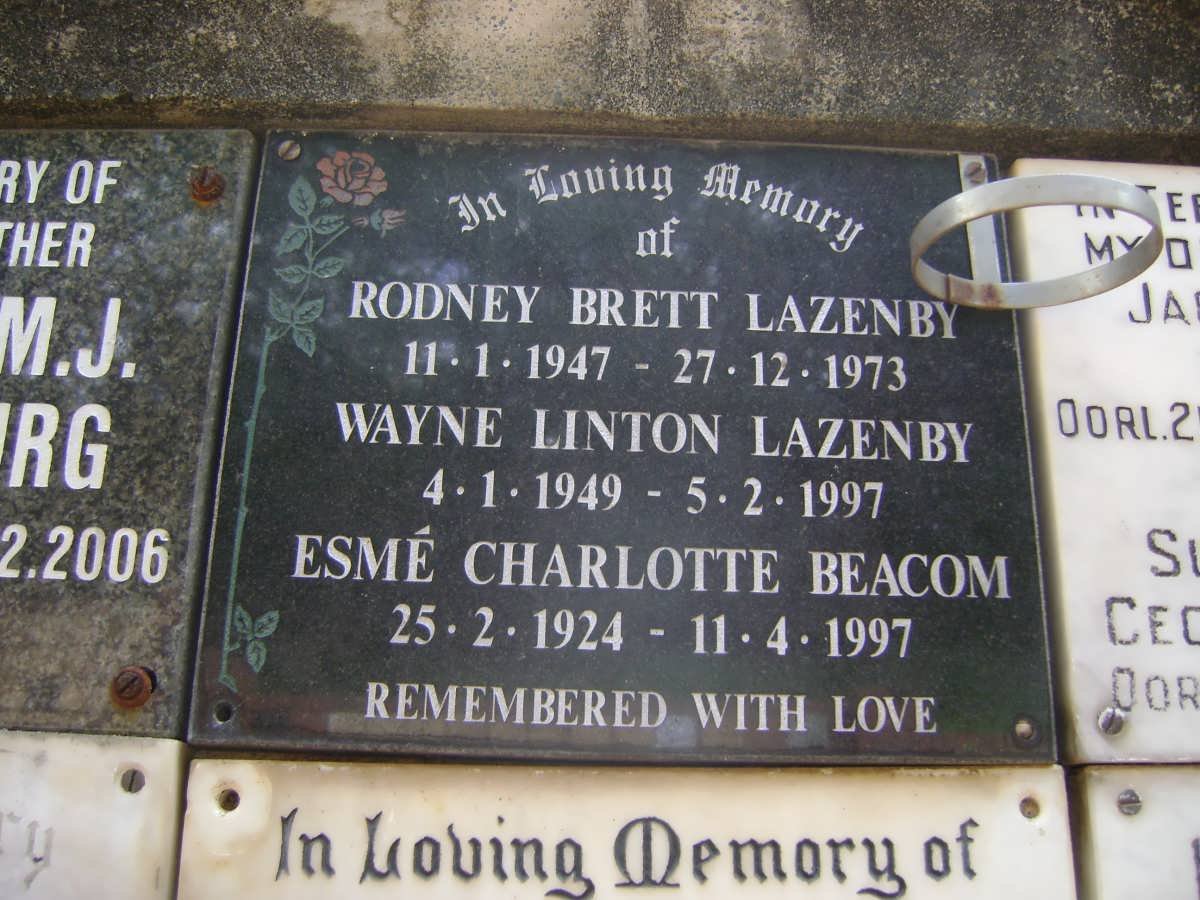 LAZENBY Rodney Brett 1947-1973 :: LAZENBY Wayne Linton 1949-1997 :: BEACOM Esmé Charlotte 1924-1997