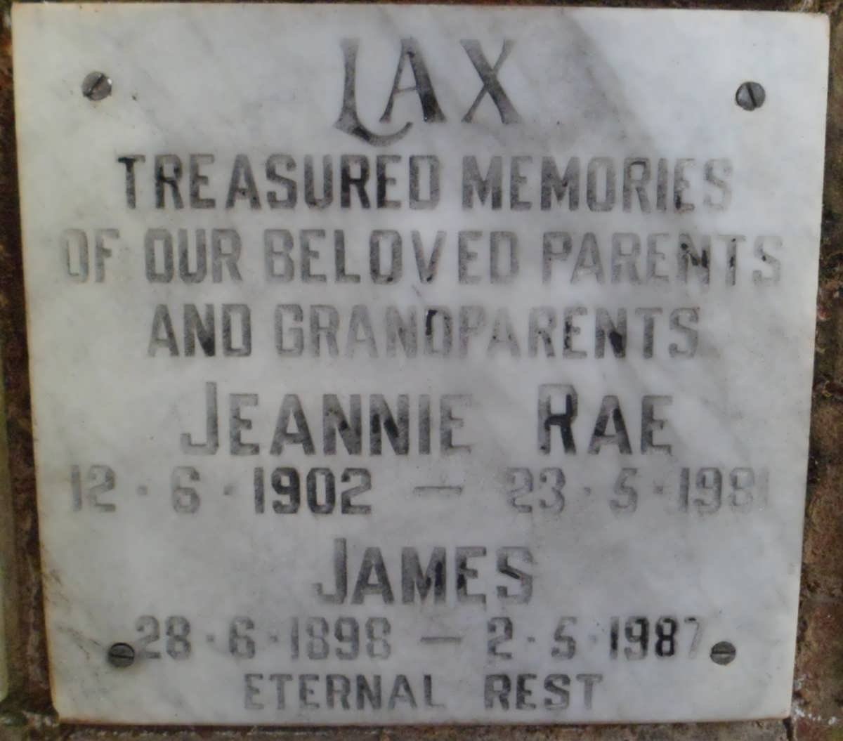 LAX James 1896-1987 &amp; Jeannie Rae 1902-1981