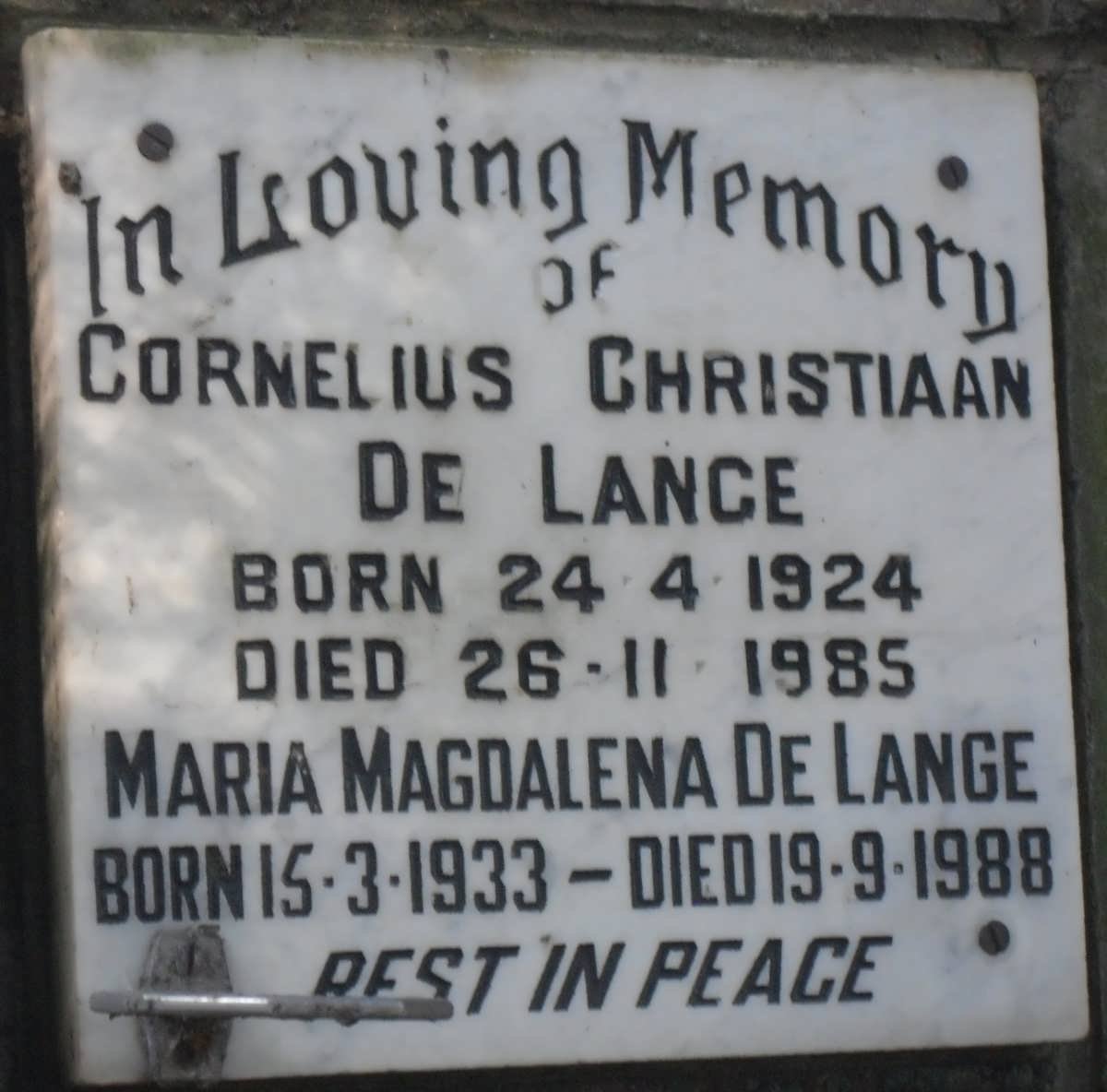 LANGE Cornelius Christiaan, de 1924-1985 &amp; Maria Magdalena 1933-1988