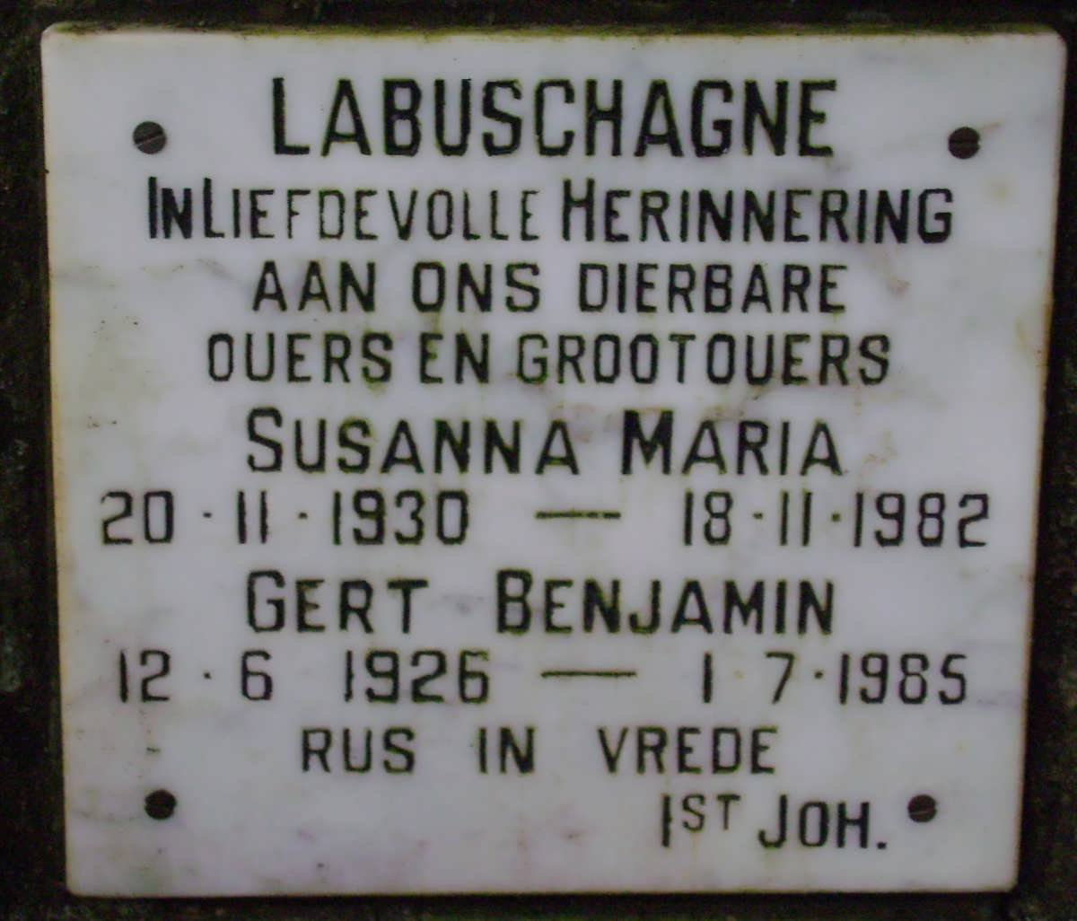 LABUSCHAGNE Gert Benjamin 1926-1985 &amp; Susanna Maria 1930-1982