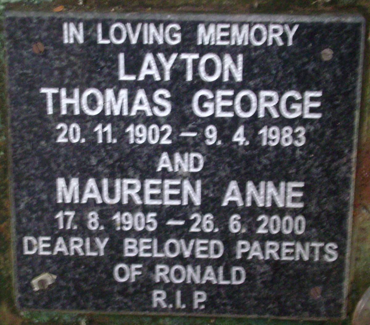 LAYTON Thomas George 1902-1983 &amp; Maureen Anne 1905-2000