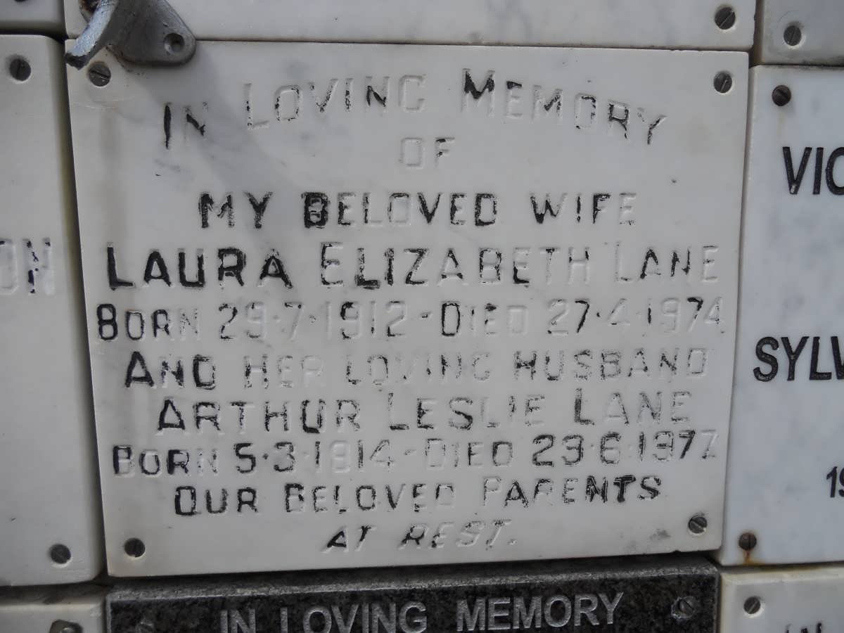 LANE Arthur Leslie 1914-1977 &amp; Laura Elizabeth 1912-1974