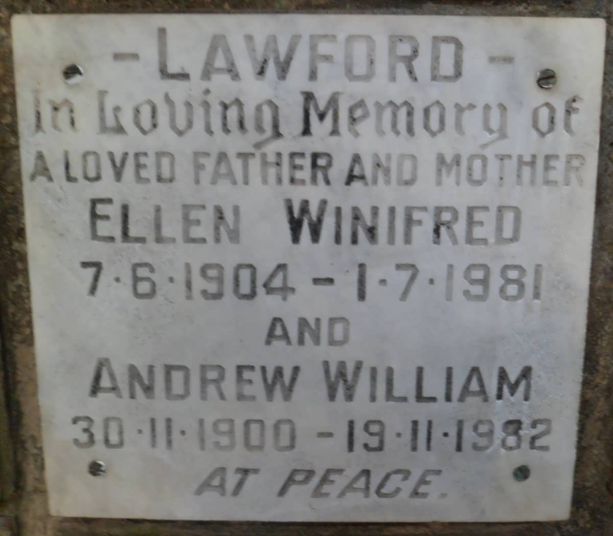 LAWFORD Andrew William 1900-1982 &amp; Ellen Winifred 1904-1981