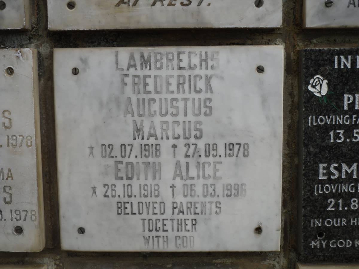 LAMBRECHS Frederick Augustus Marcus 1918-1978 &amp; Edith Alice 1918-1996