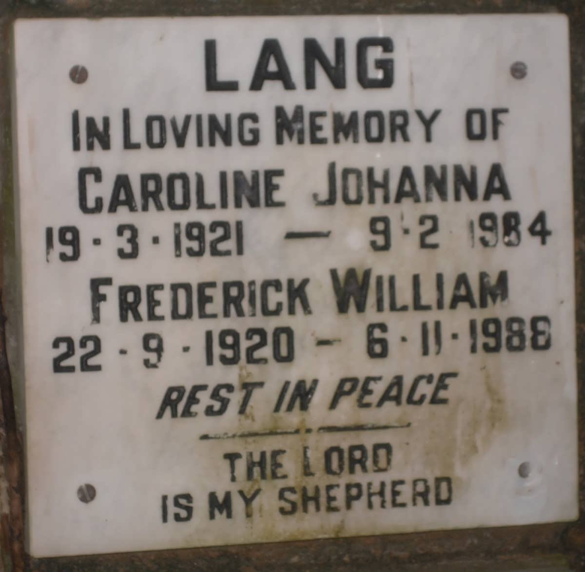 LANG Frederick William 1920-1988 &amp; Caroline Johanna 1921-1984