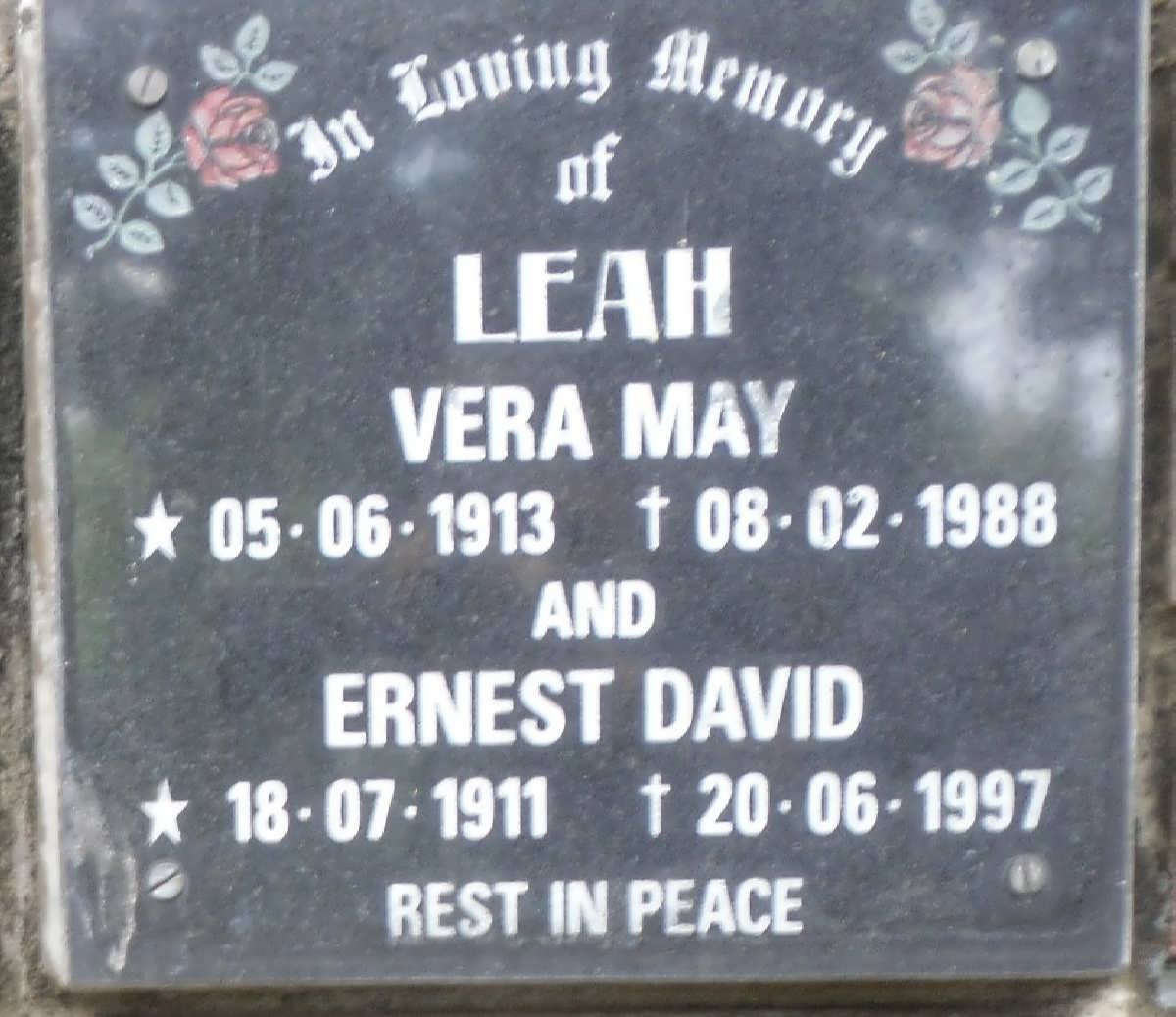 LEAH Ernest David 1911-1997 &amp; Vera May 1913-1988
