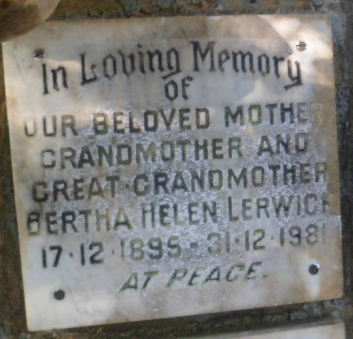 LERWICK Bertha Helen 1895-1981