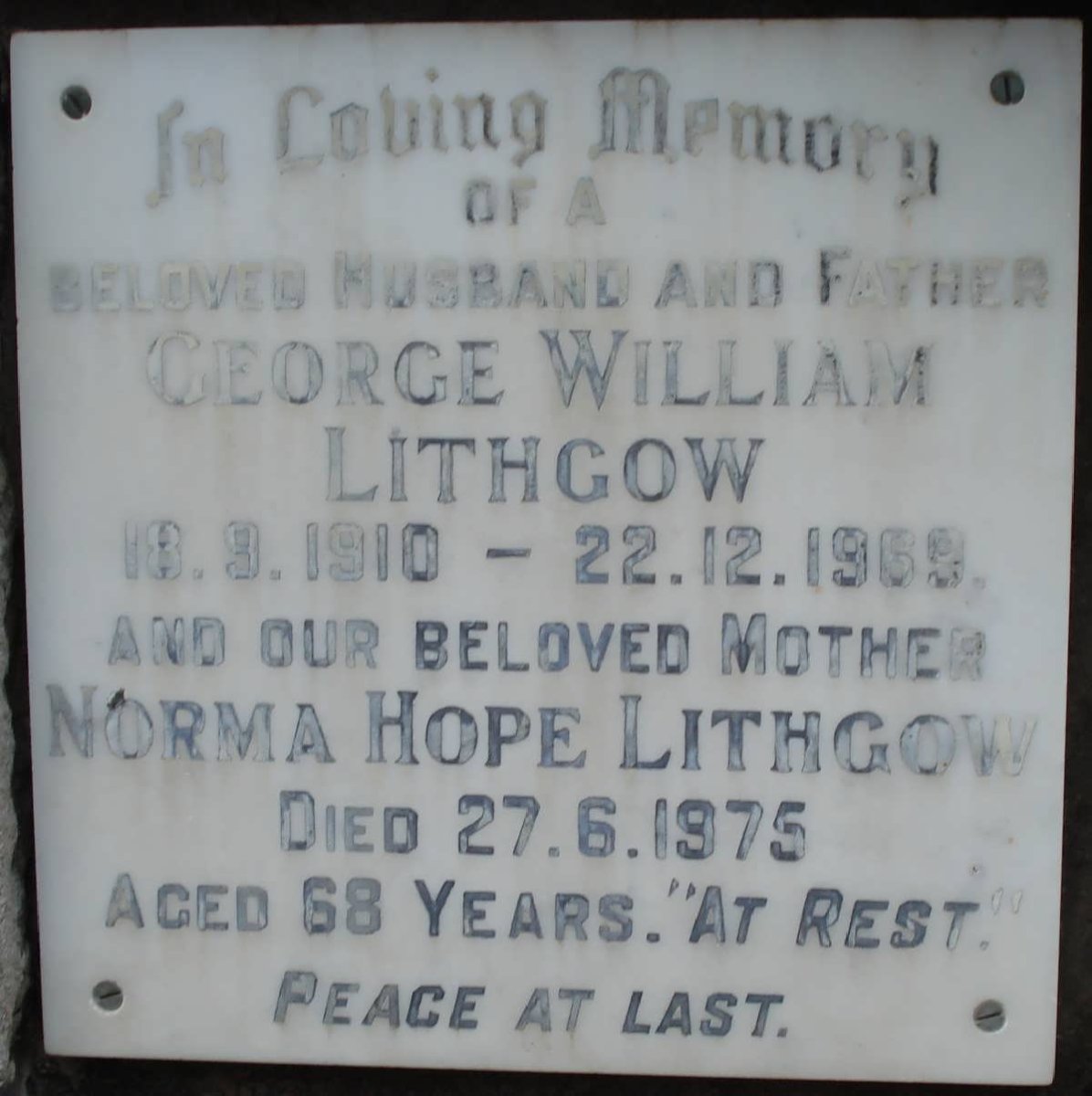 LITHGOW George William 1910-1969 &amp; Norma Hope -1975