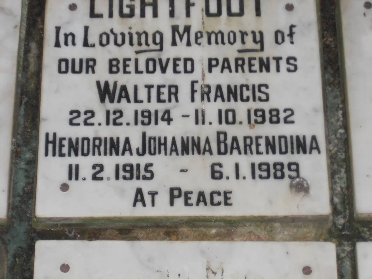 LIGHTFOOT Walter Francis 1914-1982 &amp; Hendrina Johanna Barendina 1915-1989