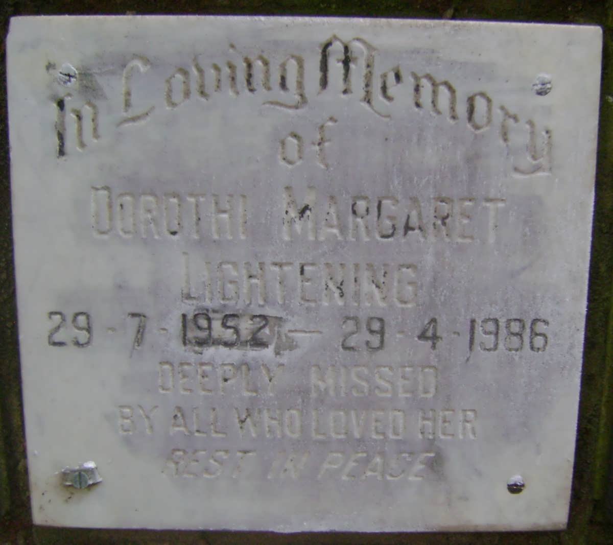 LIGHTENING Dorothi Margaret 1952-1986