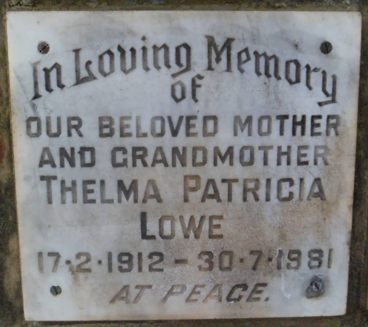 LOWE Thelma Patricia 1912-1981