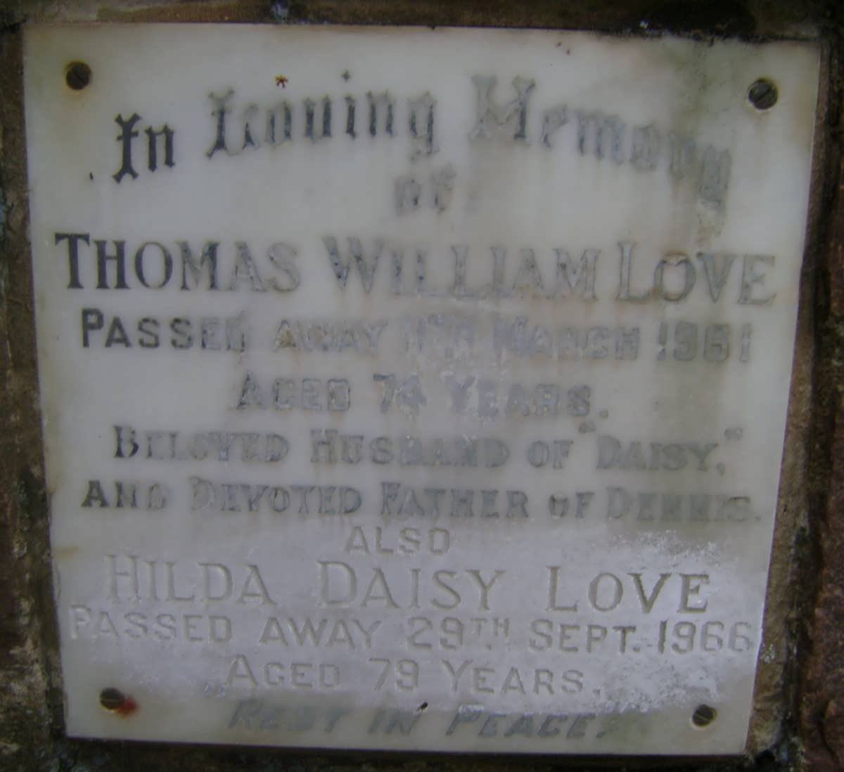 LOVE Thomas William -1961 &amp; Hilda Daisy -1966