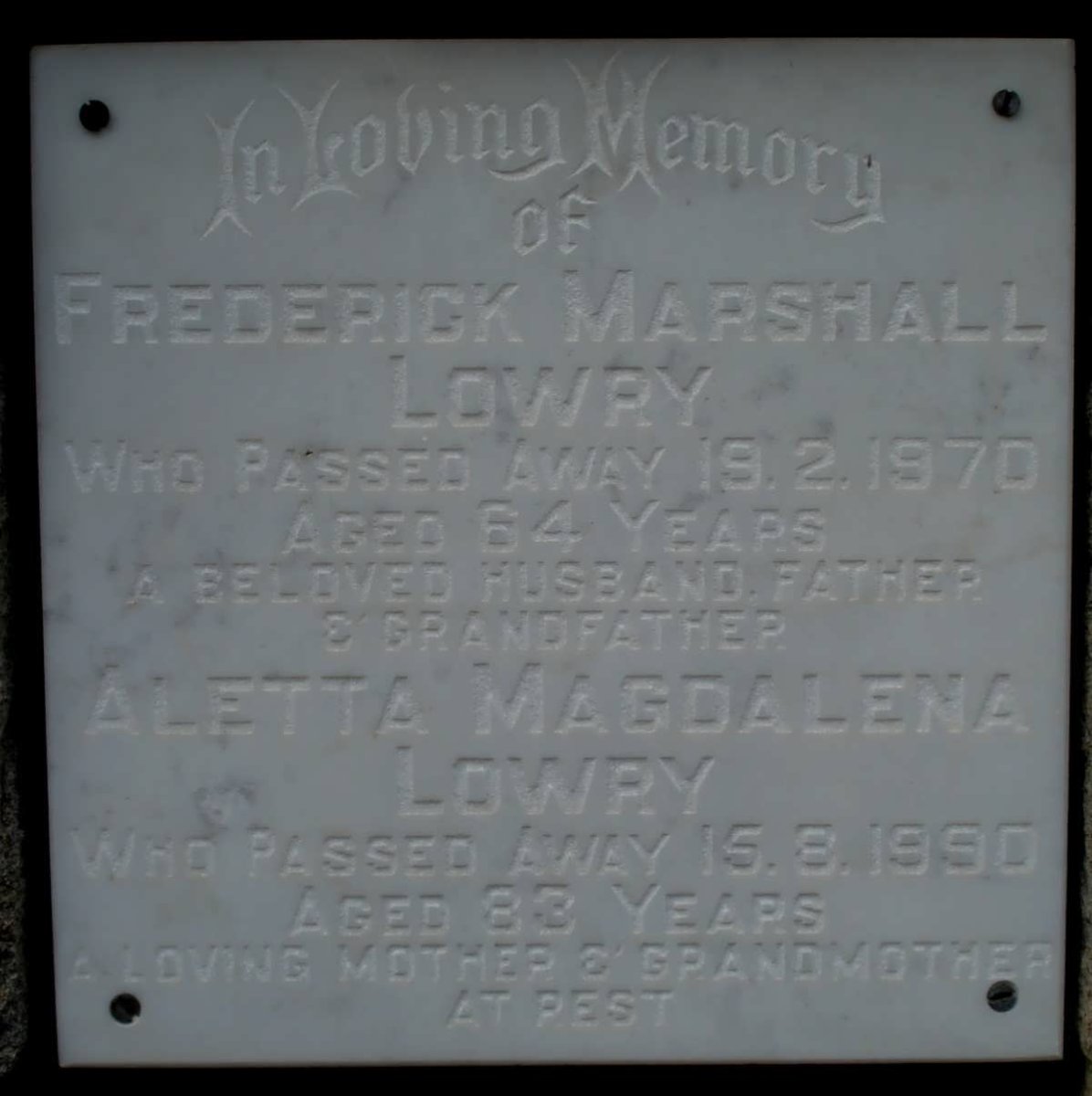 LOWREY Frederick Marshall -1970 Aletta Magdalena -1990
