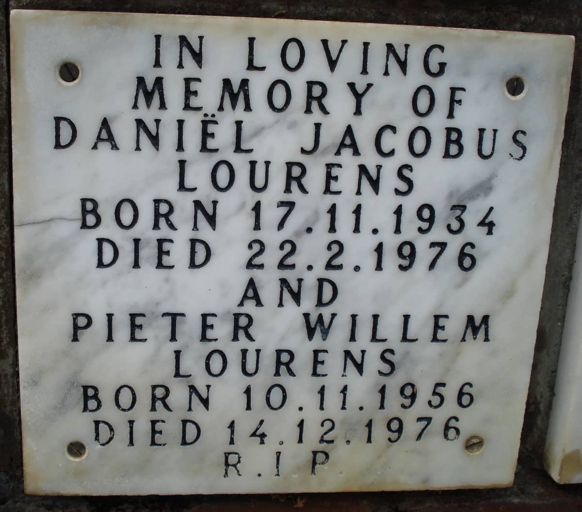 LOURENS Daniel Jacobus 1934-1976 :: LOURENS Pieter Willem 1956-1976