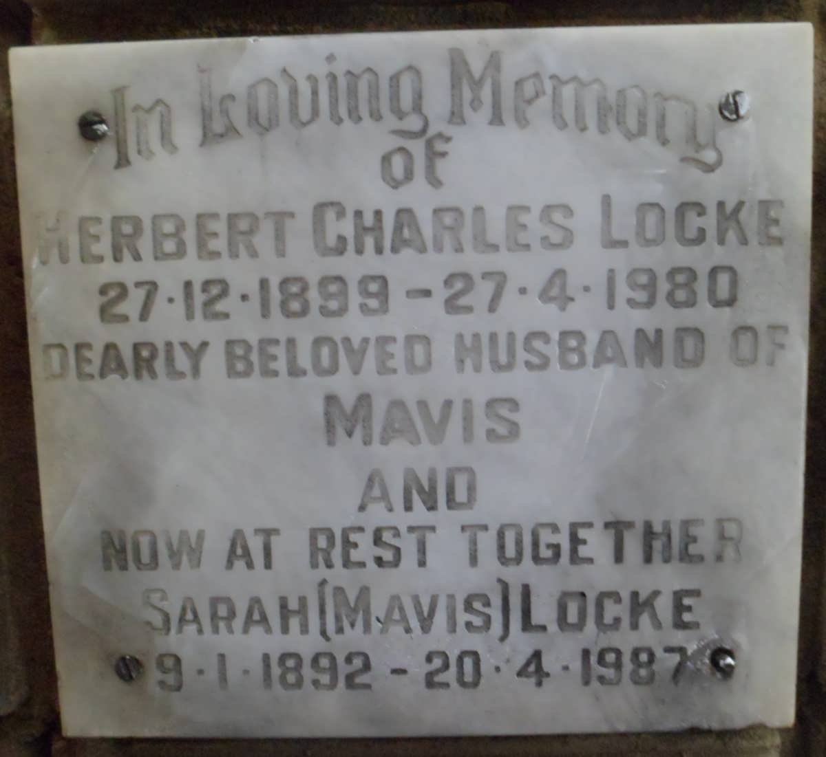LOCKE Herbert Charles 1899-1980 &amp; Sarah 1892-1987