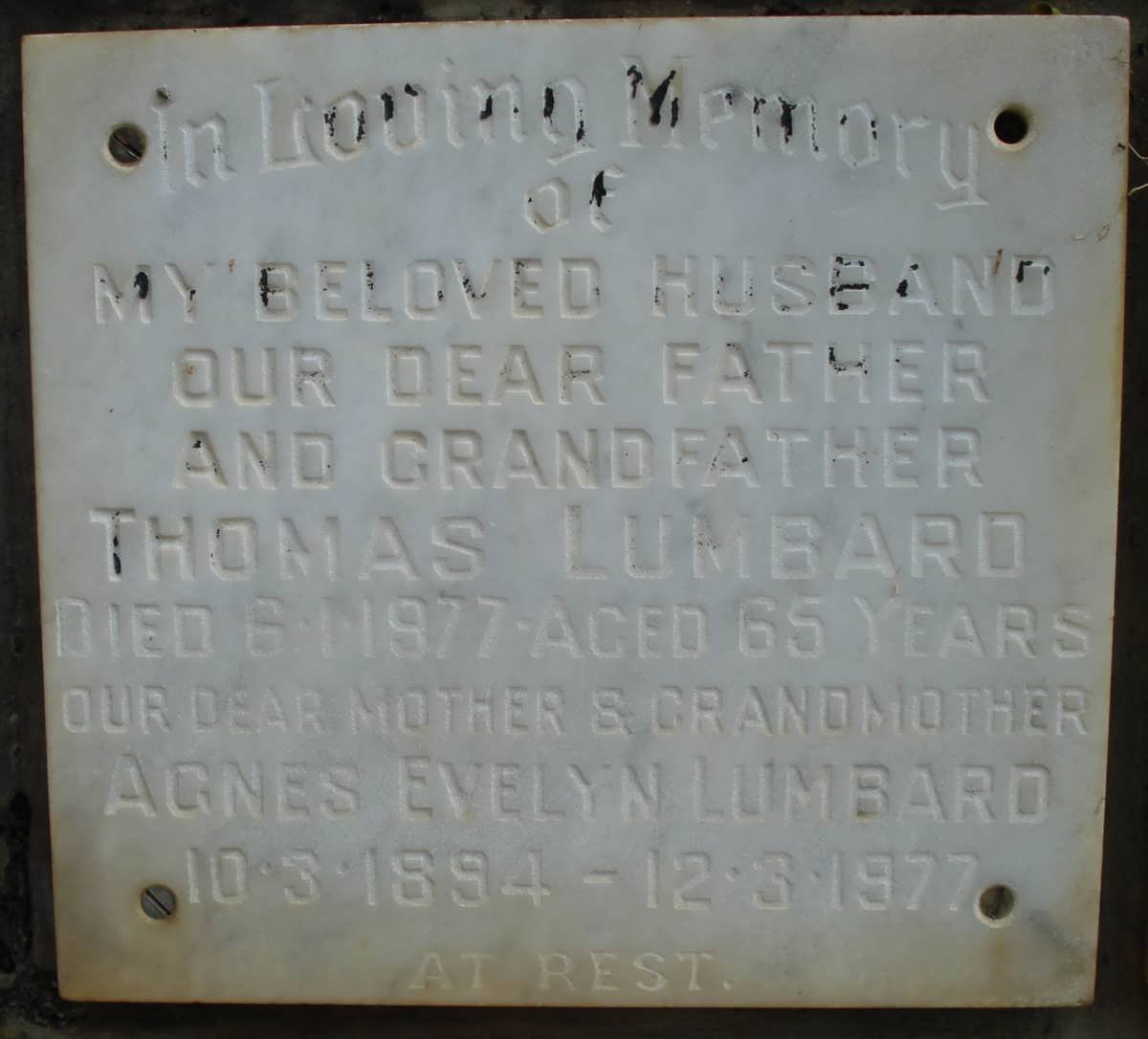 LUMBARD Thomas -1977 &amp; Agnes Evelyn 1894-1977