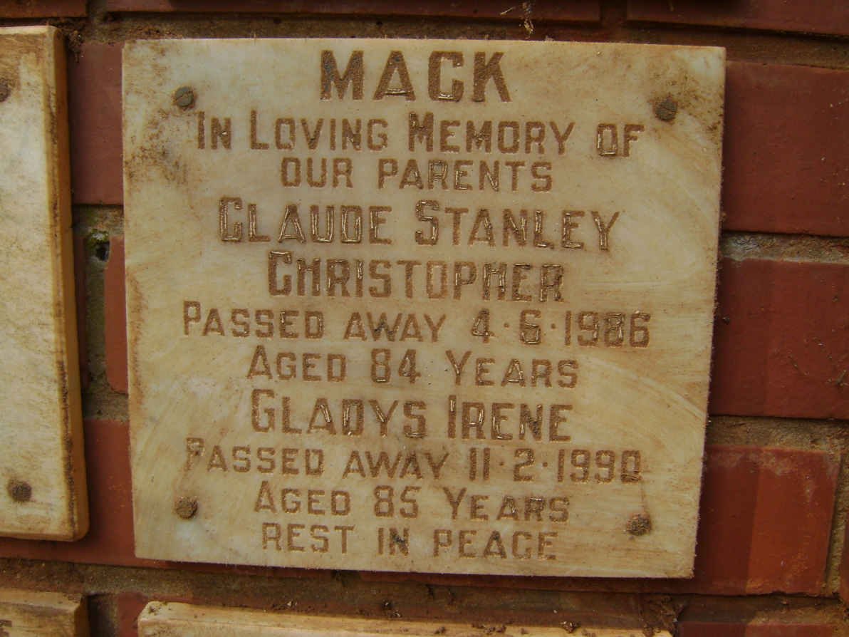 MACK Claude Stanley Christopher -1986 &amp; Gladys Irene -1990