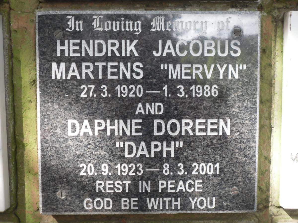 MARTENS Hendrik Jacobus 1920-1986 &amp; Daphne Doreen 1923-2001
