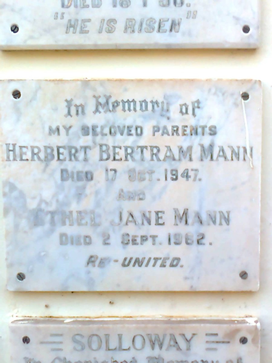 MANN Herbert Bertram -1947 &amp; Ethel Jane -1962