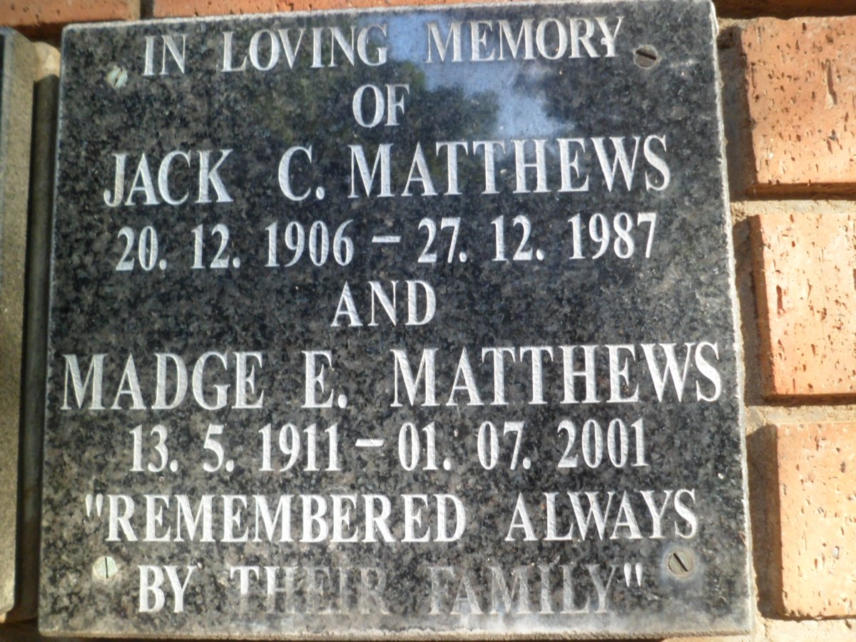 MATTHEWS Jack C. 1906-1987 &amp; Madge E. 1911-2001