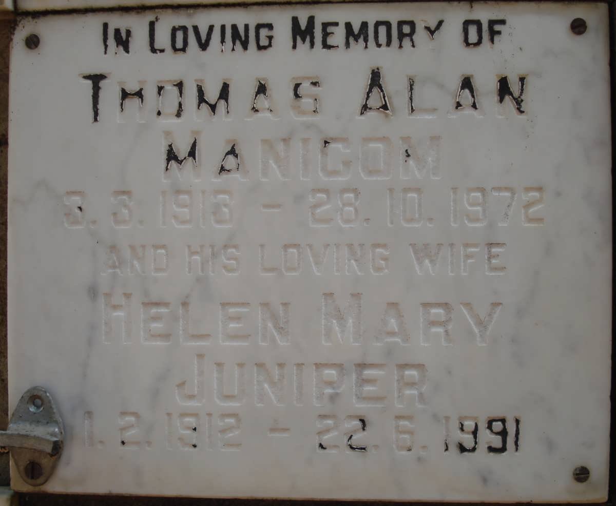 MANICOM Thomas Alan 1913-1972 &amp; Helen Mary Juniper 1912-1991