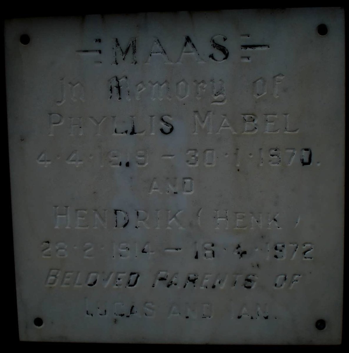 MAAS Hendrik 1914-1972 &amp; Phyllis Mabel 1919-1970