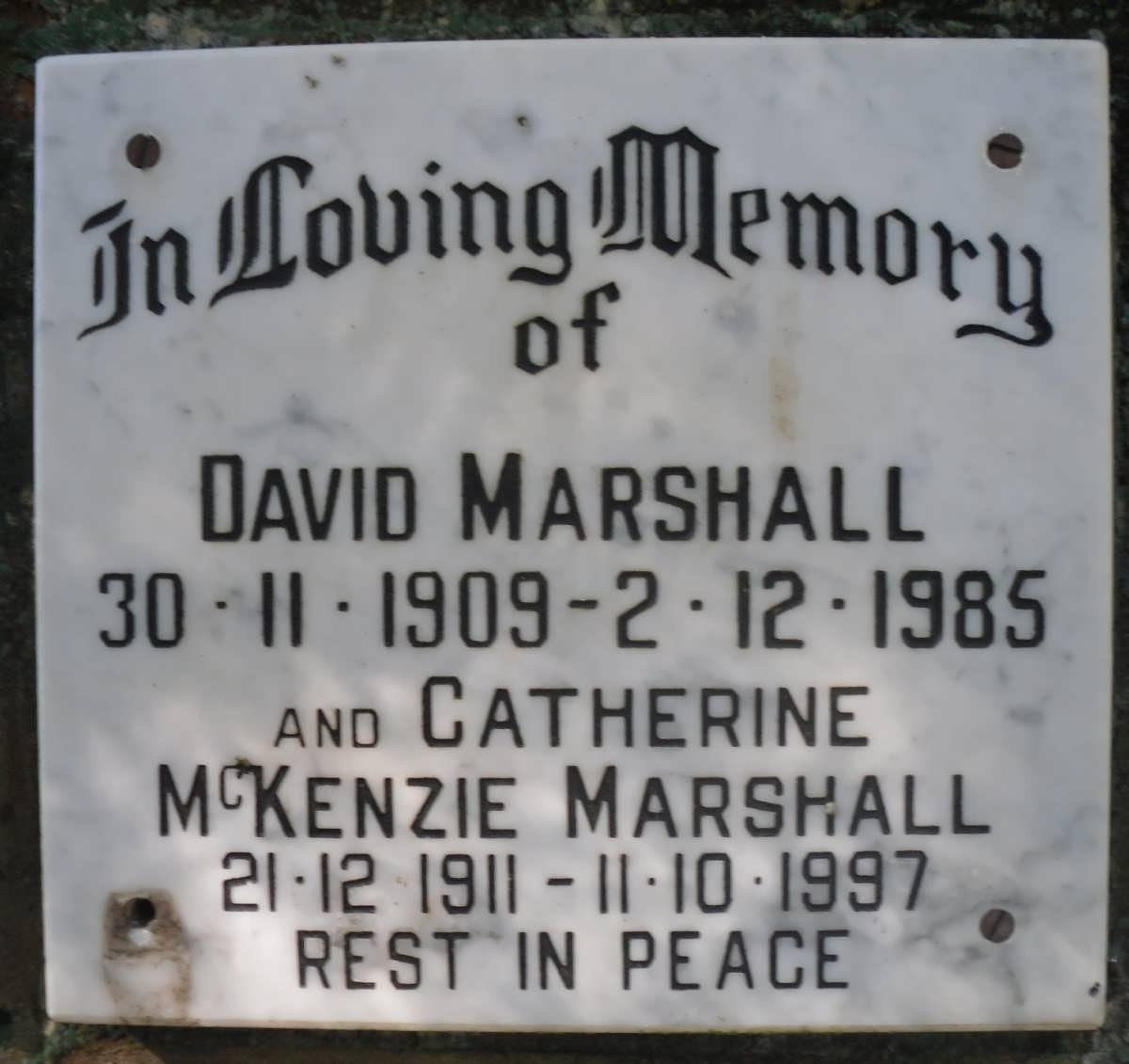 MARSHALL David 1909-1985 &amp; Catherine McKenzie 1911-1997