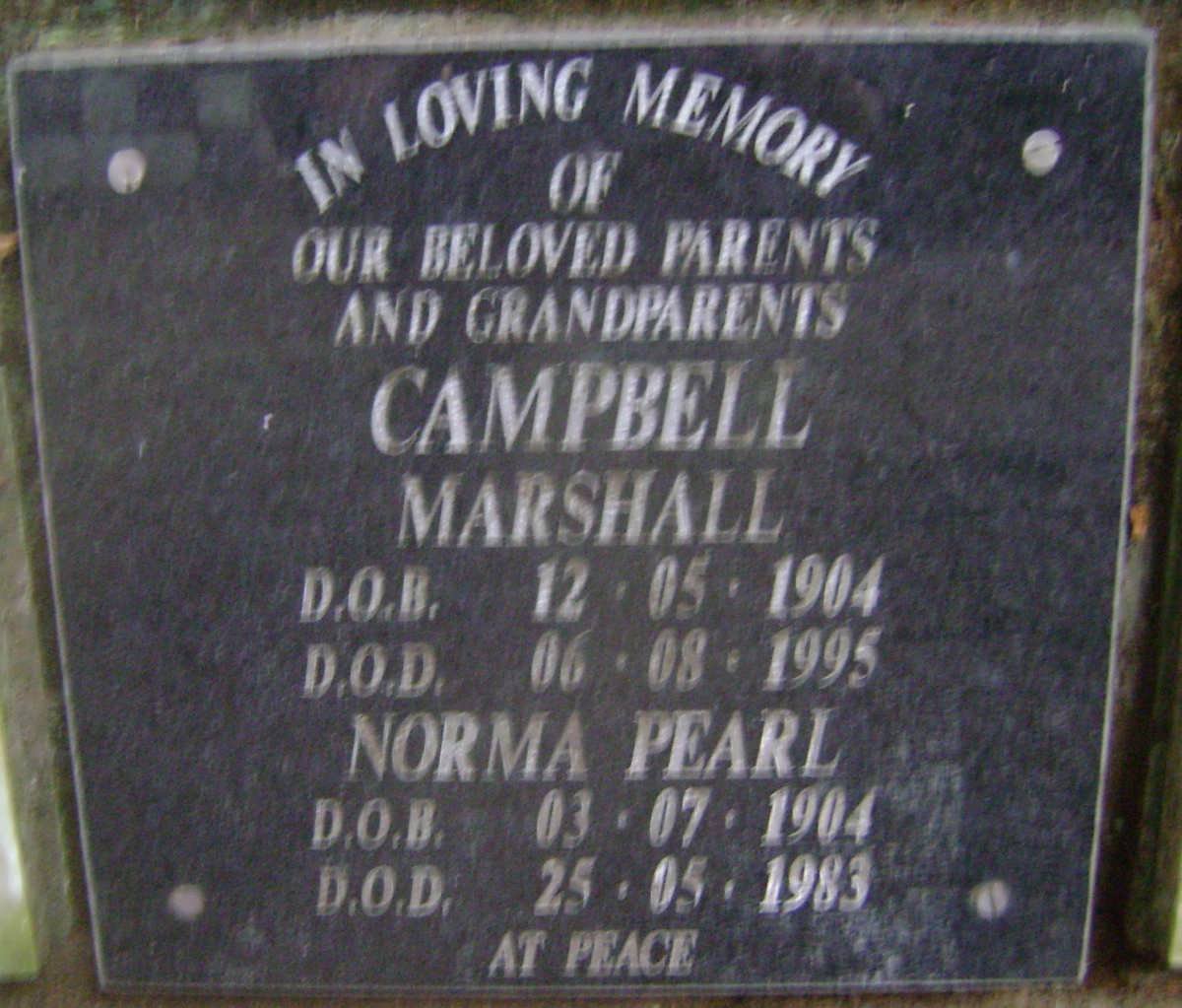 MARSHALL Campbell 1904-1995 &amp; Norma Pearl 1904-1983