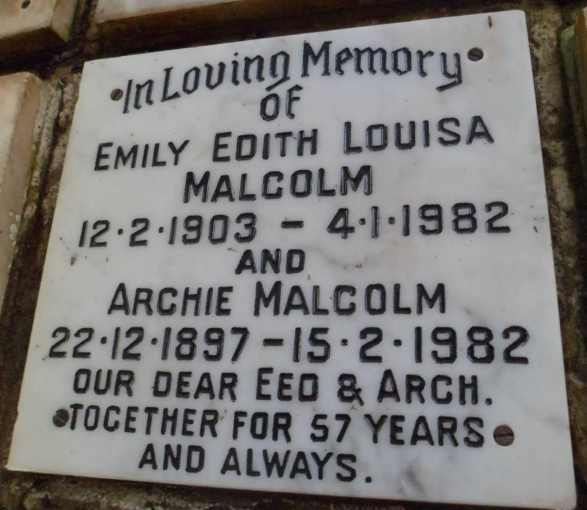MALCOLM Archie 1897-1982 &amp; Emily Edith Louisa 1903-1982