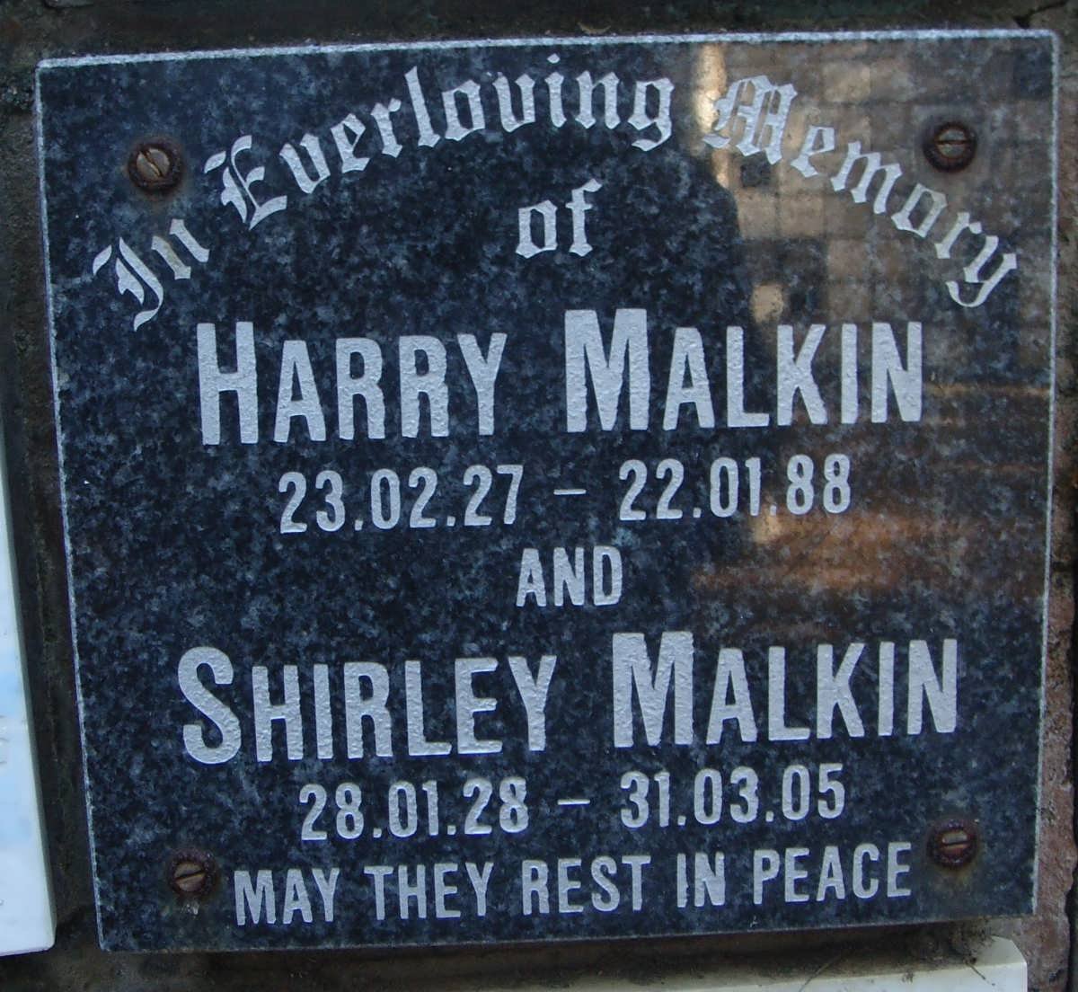 MALKIN Harry 1927-1988 &amp; Shirley 1928-2005