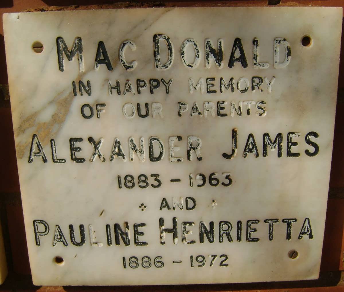 Mac DONALD Alexander James 1883-1963 &amp; Pauline Henrietta 1886-1972