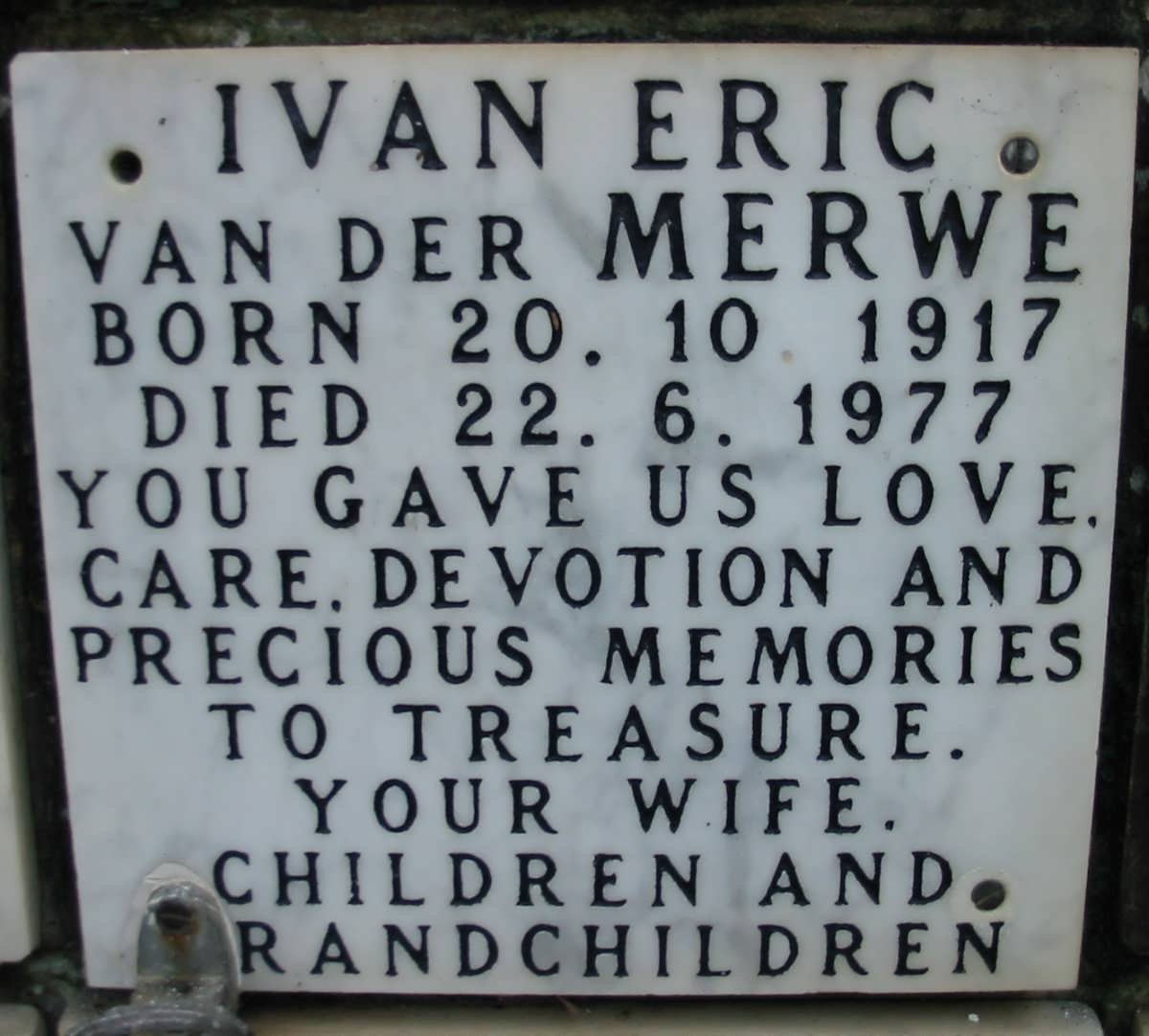 MERWE Ivan Eric, van der 1917-1977 