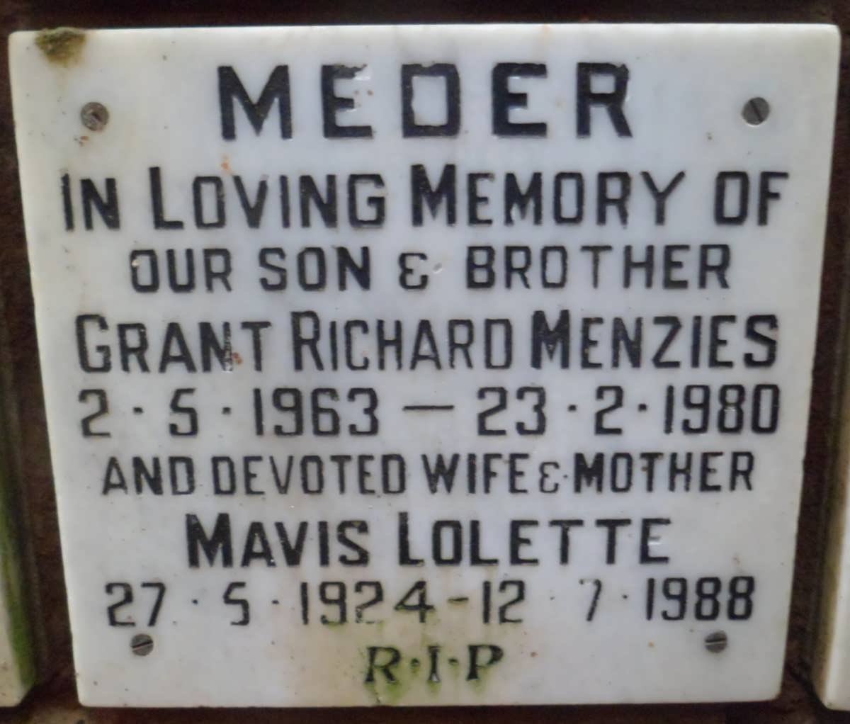 MEDER Grant Richard Menzies 1963-1980 :: MEDER Mavis Lolette 1924-1988