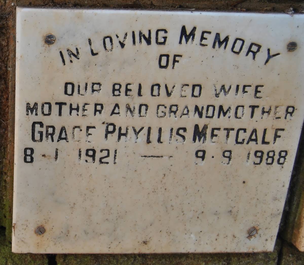 METCALF Grace Phyllis 1921-1988