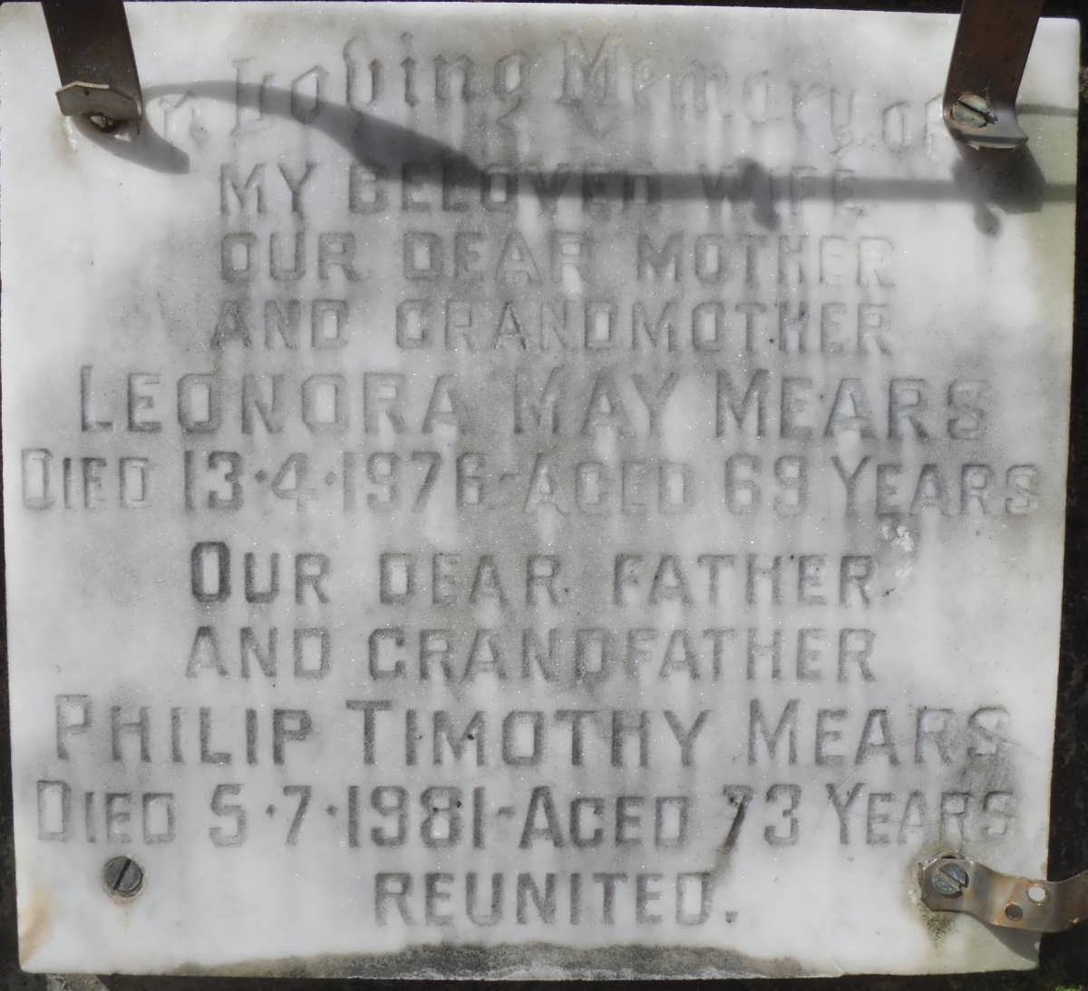 MEARS Philip Timothy -1981 &amp; Leonora May -1976
