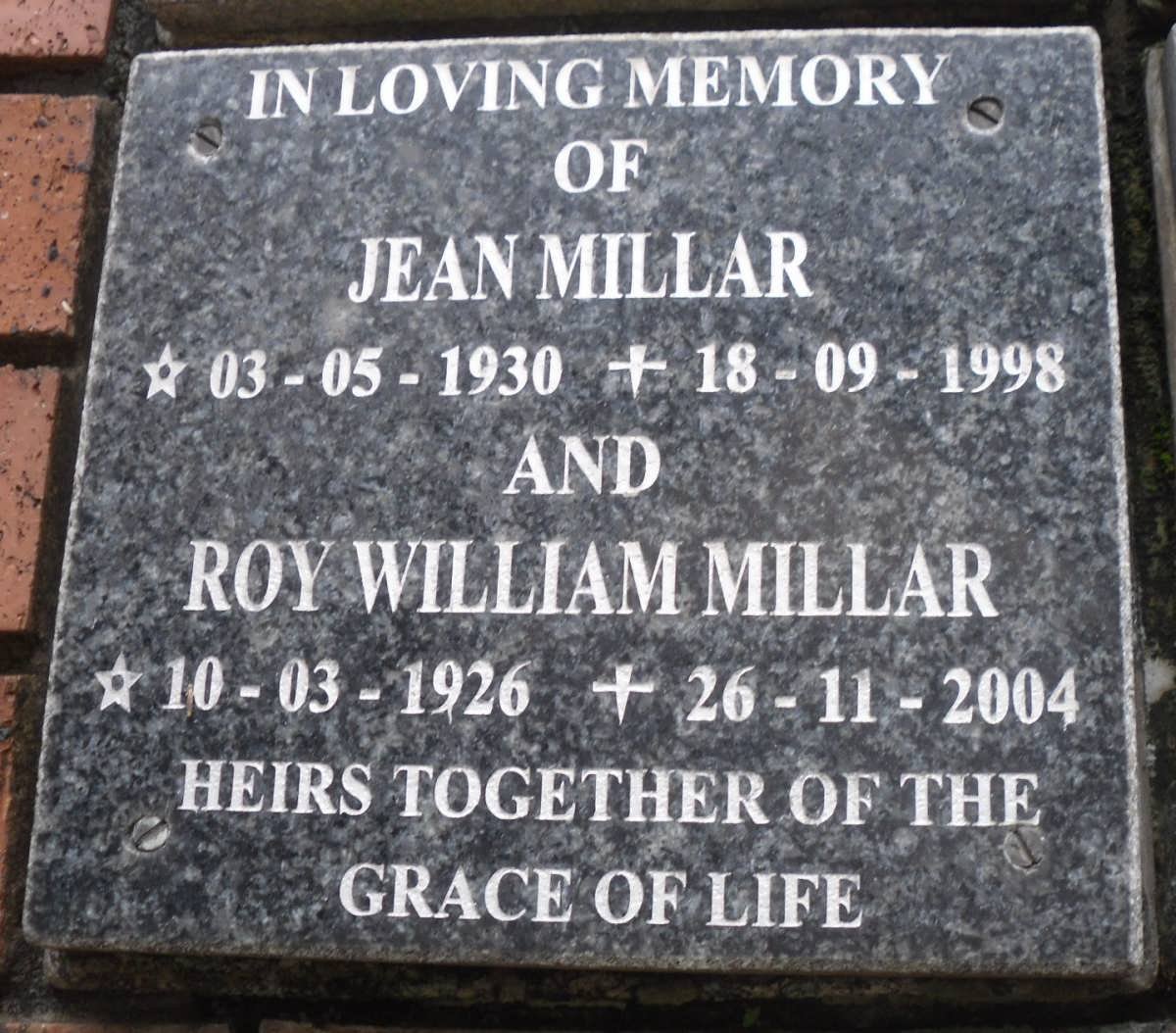 MILLAR Roy William 1926-2004 &amp; Jean 1930-1998