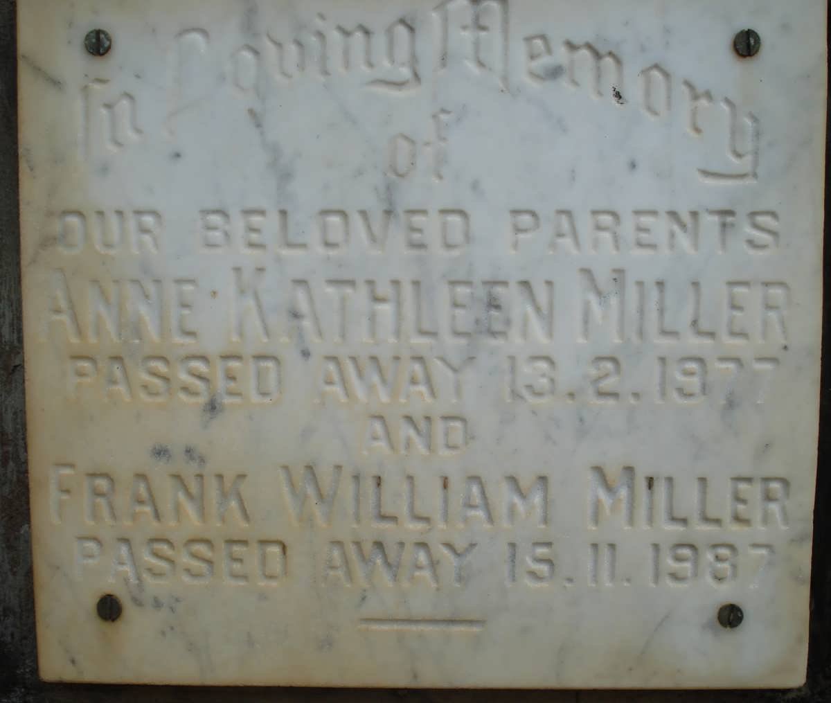 MILLER Frank William -1987 &amp; Anne Kathleen -1977