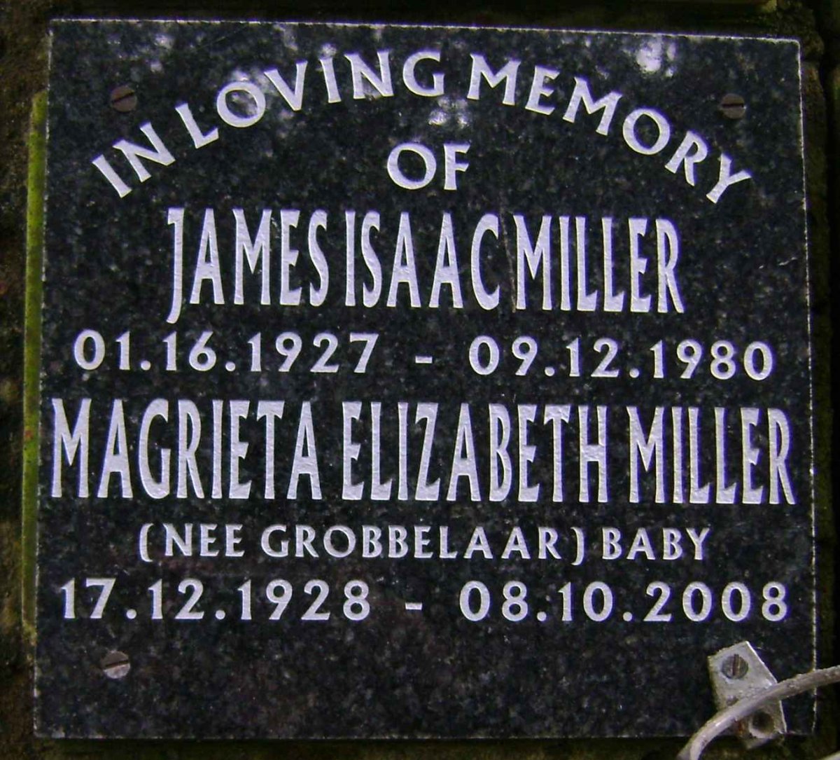 MILLER James Isaac 1927-1980 &amp; Magrieta Elizabeth GROBBELAAR 1928-2008