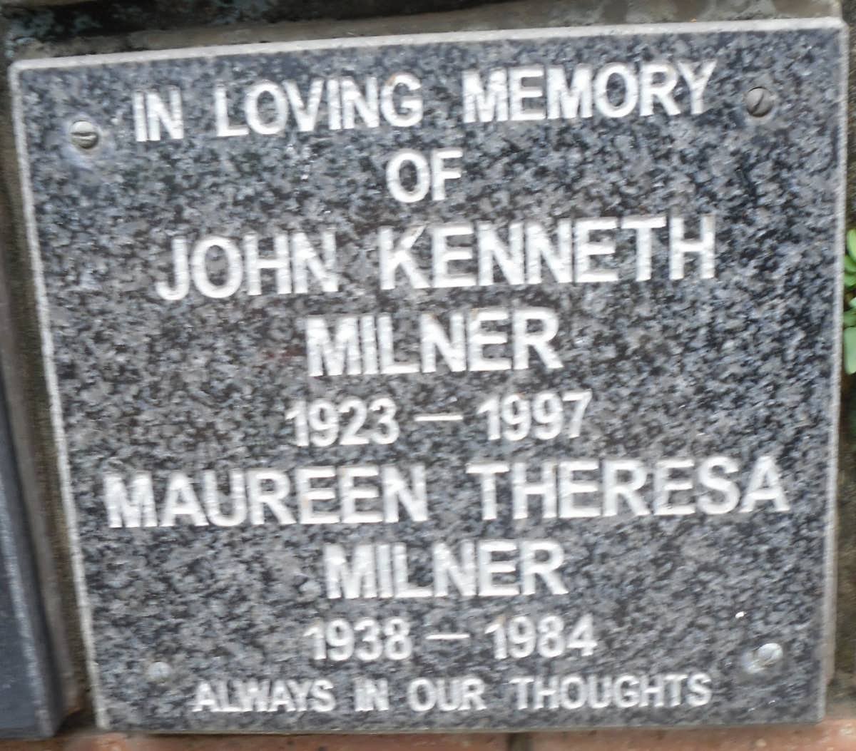 MILNER John Kenneth 1923-1997 &amp; Maureen Theresa 1938-1984
