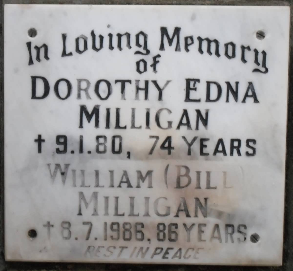 MILLIGAN William -1986 &amp; Dorothy Edna -1980