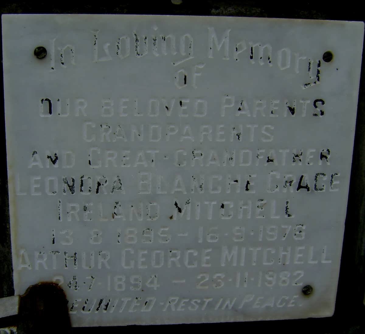 MITCHELL Arthur George 1894-1982 &amp; Leonora Blanche Grace Ireland 1895-1976