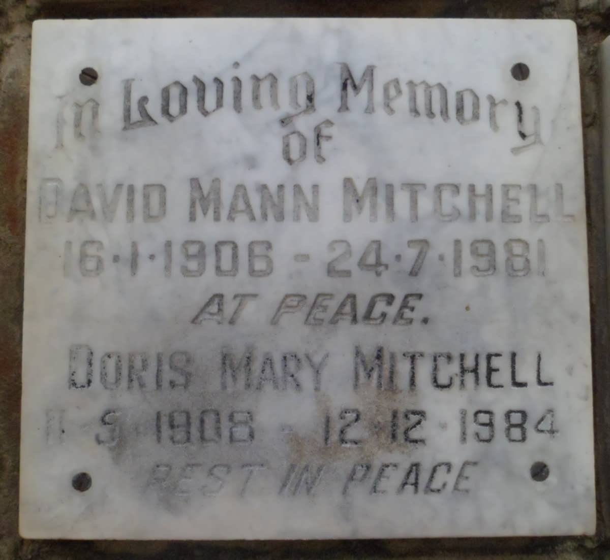 MITCHELL David Mann 1906-1981 &amp; Doris Mary 1908-1984