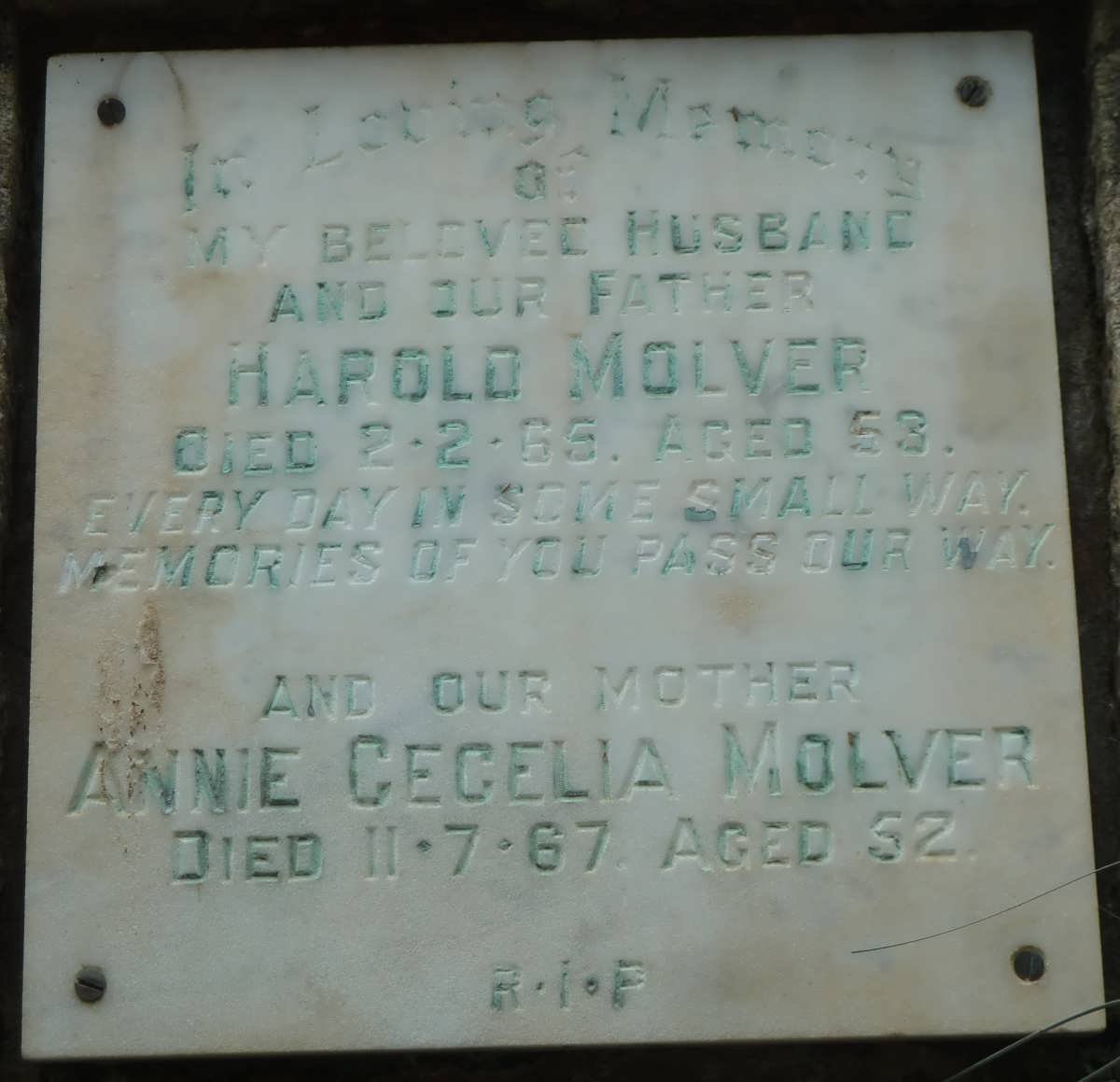 MOLVER Harold -1965 &amp; Annie Cecelia -1967