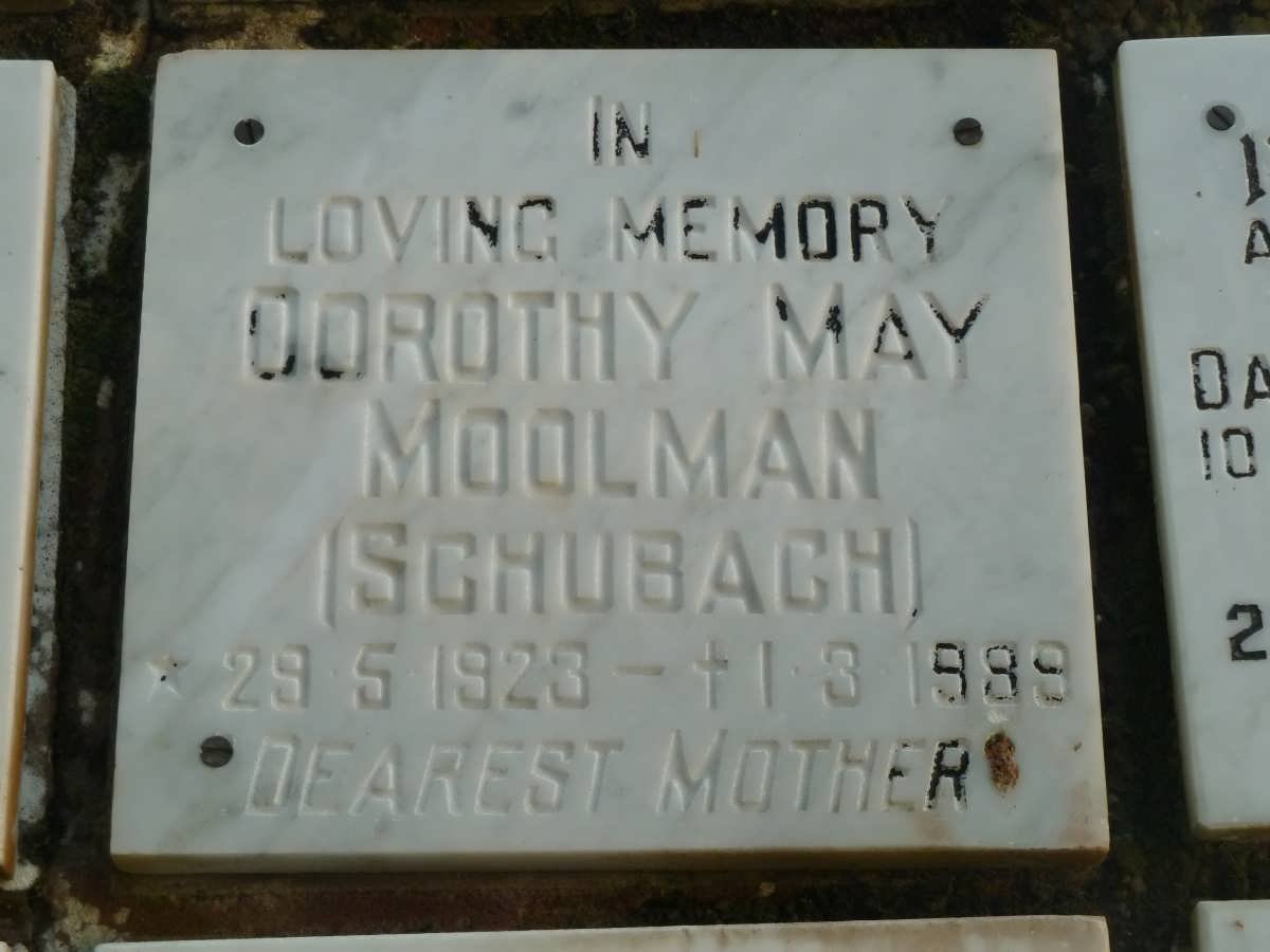 MOOLMAN Dorothy May nee SCHUBAGH 1923-1989