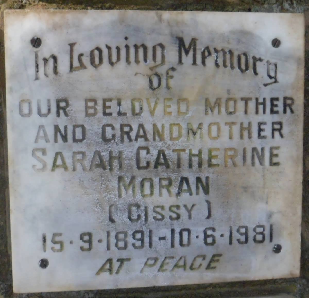 MORAN Sarah Catherine 1891-1981