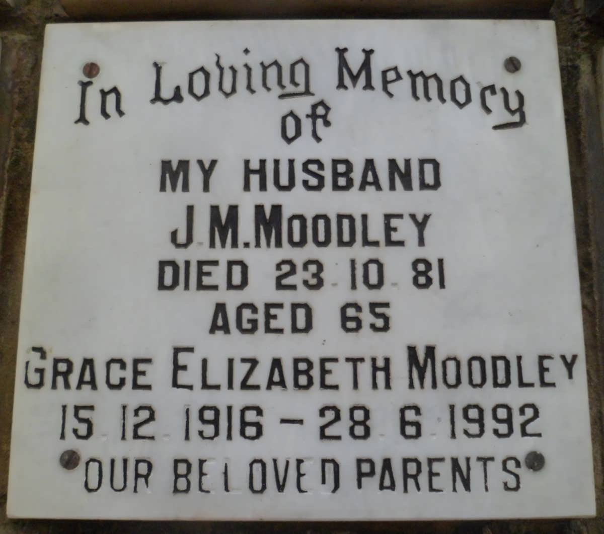 MOODLEY J.M. -1981 &amp; Grace Elizabeth 1916-1992