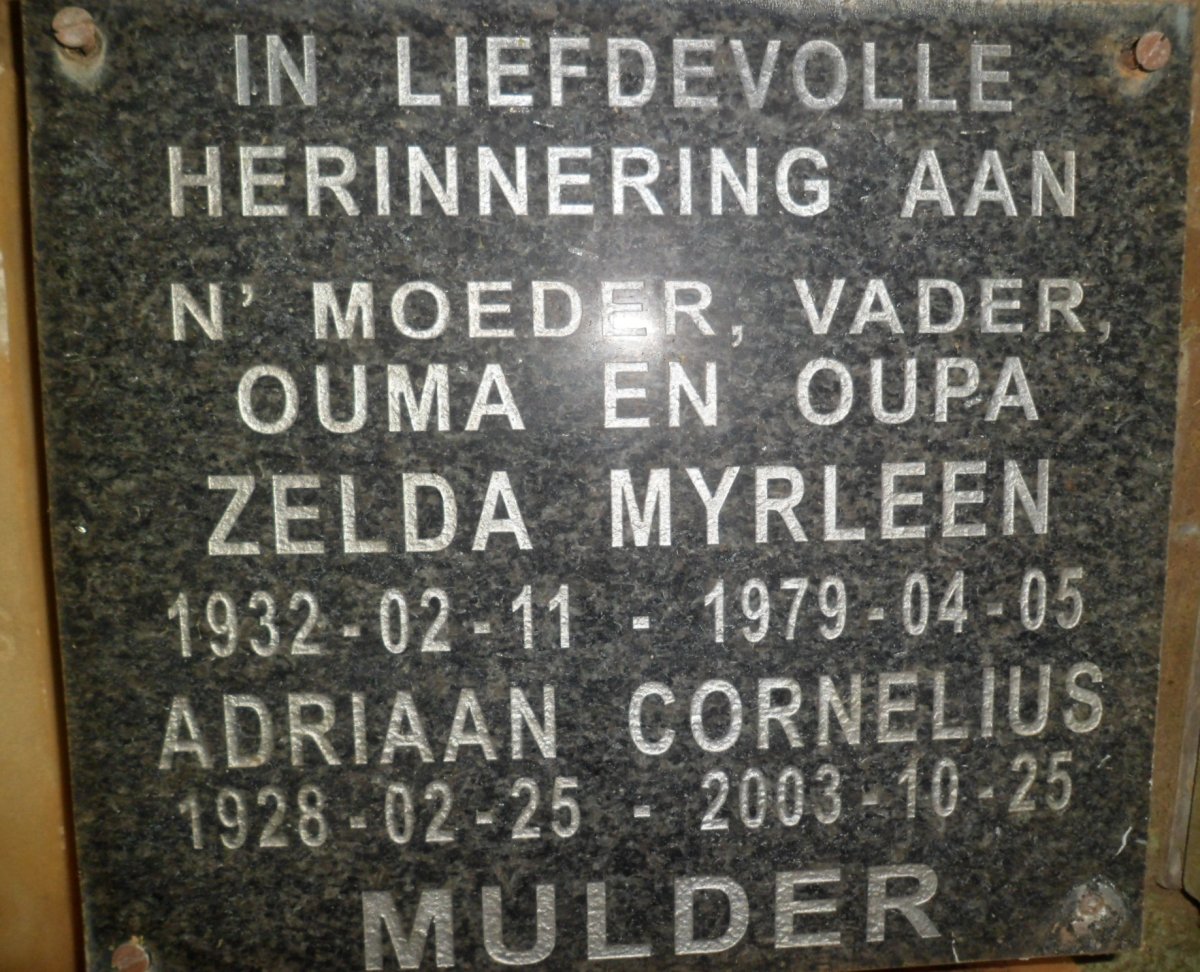 MULDER Adriaan Cornelius 1928-2003 &amp; Zelda Myrleen 1932-1979
